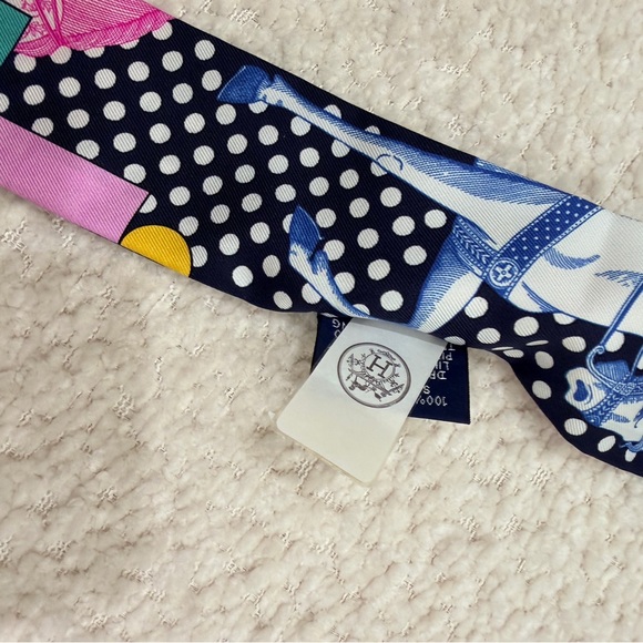 Hermes Multicolor Twilly Scarf with Horse Design Navy Orange Pink NWT - Picture 2 of 5